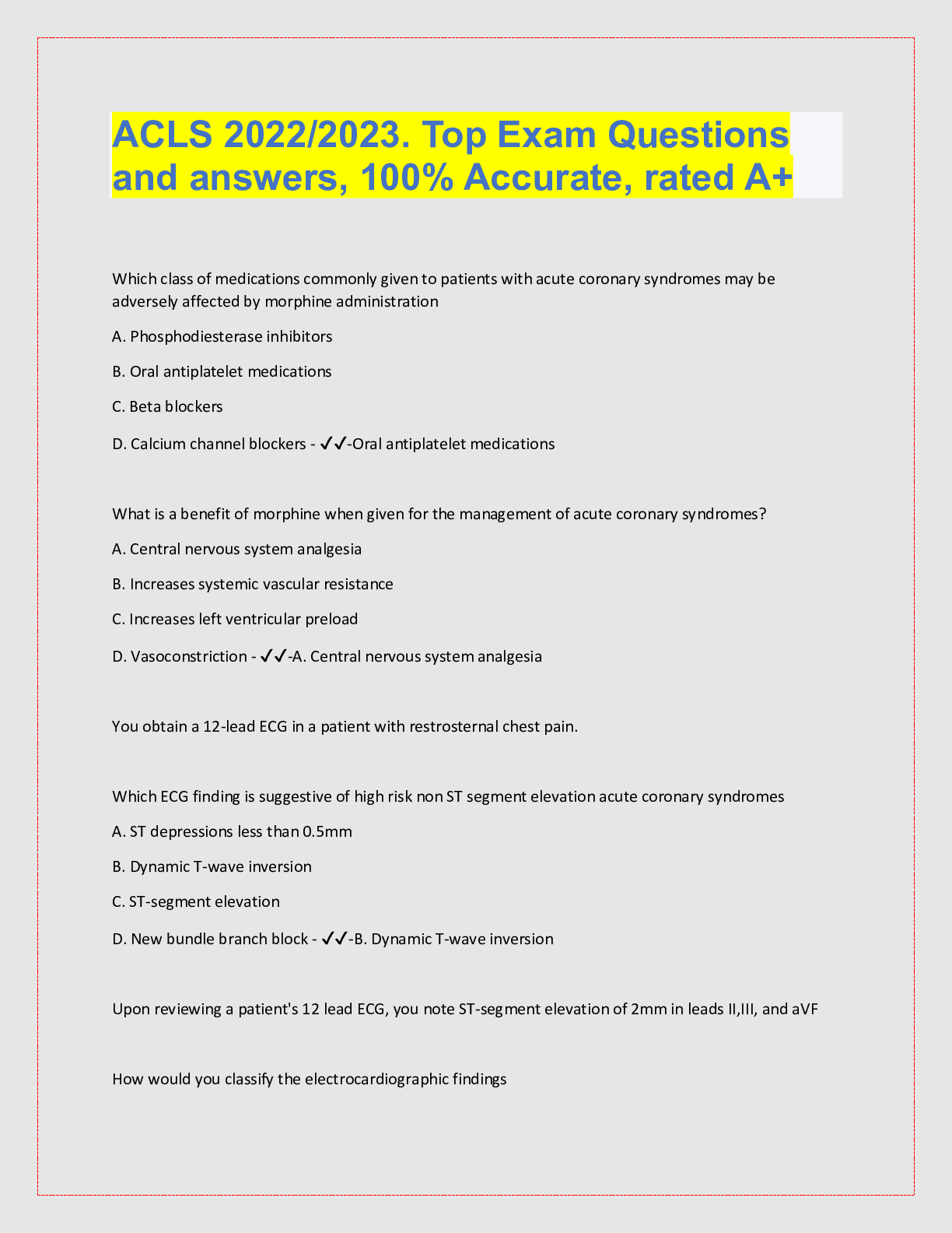 Preview of ACLS 2022/2023. Top Exam Questions  and answers, 100% Accurate, rated A+